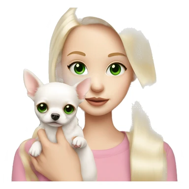 pale blond girl with long platinum hair with green eyes holding a white chihuahua puppy that wearing a pink bow sticker