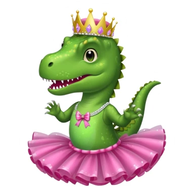 Trex wearing a tutu, tiara, and a pink glittery bow sticker