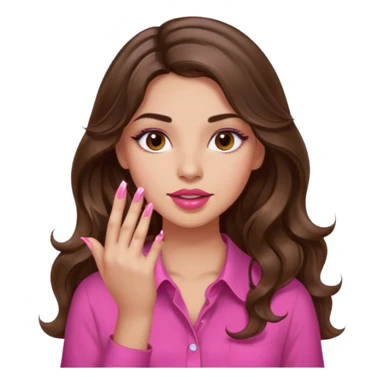 girl with long wavy brown hair, brown eyes, light to medium complexion, in a pink shirt, pink lips, long lashes, puckered lips,  painting long finger nails sticker
