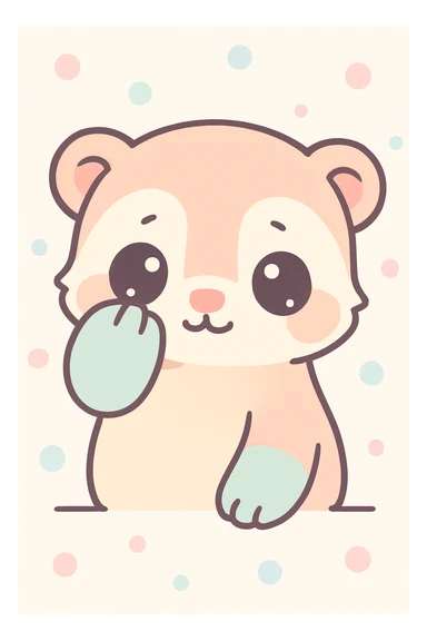 kawaii cartoon baby ferret, peeking out from behind a paw, shy expression, soft pastel colors, simple background sticker