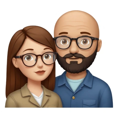 Couple. Bald man with dark brown-black beard. White woman with many small, faded freckles, she has white skin and she has auburn-brown-cinnamon, dark long hair. She has light brown eyes. The man have hazel eyes and glasses. She don’t wear glasses. Retro style. She kisses him. sticker