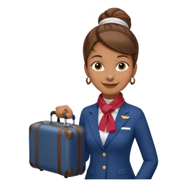 flight attendant, Light Brown skin, brown hair in single bun, neck scarf, suitcase sticker
