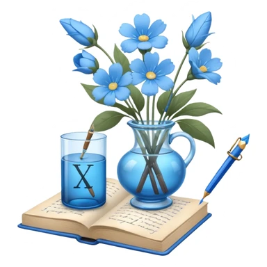 old blue book with light blue flowers in a glass vase and a writing quill, simple and clear composition, iOS style emoji sticker
