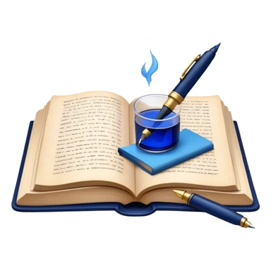 Create a vibrant emoji representing prose writing. The design should feature an open book with pages showing unfinished prose, a classic fountain pen or quill with black or dark blue ink, and an ink bottle (inkwell) next to it. The pages should have visible lines of text, but some should remain unfinished, symbolizing the creative process. Use warm, earthy tones like brown, gold, and cream for the book and background, with the ink and pen in black or dark blue. The emoji should convey the idea of storytelling, creativity, and the unfinished nature of literary work. Make the background transparent. sticker