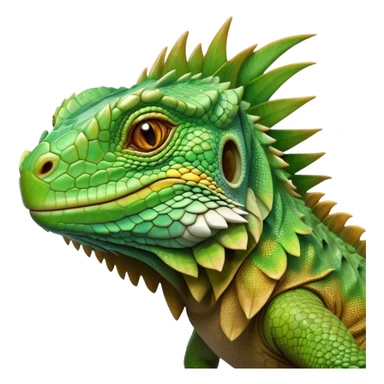 Cinematic Realistic Noble Iguana Portrait Emoji, Poised and commanding, with a robust, elongated body covered in intricately detailed, rough scales in vibrant shades of green with earthy brown accents, and a sharply defined head with piercing amber eyes, rendered with lifelike texture and natural light that accentuates every scale, high shine, intelligent and formidable, styled with an air of tropical authority, focused and attentive, soft glowing outline, capturing the essence of a watchful and confident iguana that appears ready to bask in the sun with effortless grace! sticker