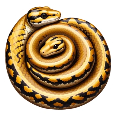 A photo-realistic top-down view of a Ball Python gently coiled into a tight spiral, with its head resting peacefully at the center. Its scales are warm brown with bold, irregular black markings, including the distinctive “alien-head” pattern, flowing smoothly along its body.  sticker