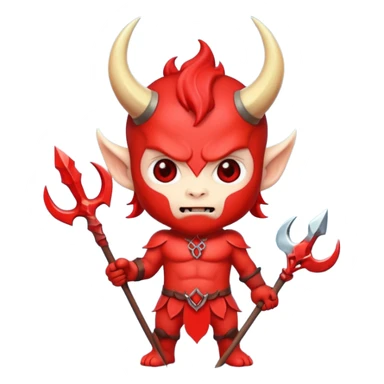 a Red devil, short horn Chibi red demon hold a trident sticker