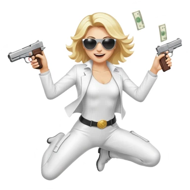 Mafia blondes woman Jumping for joy , in sunglasses, gun ,money , white costume  sticker