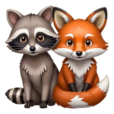 Collage of a raccoon and a fox, in close-up, set in a beautiful forest with tall trees, green bushes, and sunlight filtering through the leaves and flowers. A vibrant, wild atmosphere with a transparent background. sticker