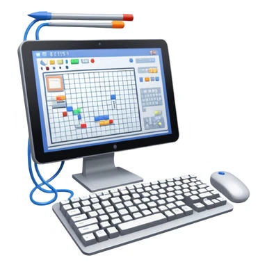 Emoji for Game Design: computer screen with Professional game development interface, 3D models, pixel art and design tools like grid, wireframe, and stylus. Symbolizes the technical and creative process of game development. Transparent background. sticker