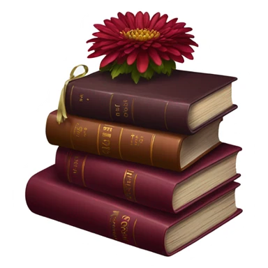 A maroon book stack adorned with ruby-red chrysanthemums and a candle sticker