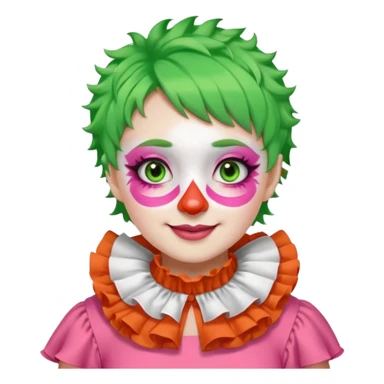 Bright green short hair.

White face paint with green eye makeup and a red nose.

Big wide smile.

Wearing a pink ruffled collar with an orange outfit. sticker