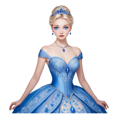 Cinematic Realistic Cinderella Portrait, depicted with lifelike skin texture, subtle rosy undertones, and soft natural lighting that enhances the gentle contours of her face. Her intricately detailed golden blonde hair is elegantly styled in an updo, with delicate wisps framing her face for added realism. Her deep, expressive blue eyes radiate warmth and sincerity, reflecting a quiet resilience and grace. She is dressed in her iconic ball gown, the fabric shimmering with intricate embroidery and fine translucent layers that catch the light beautifully. The soft sheen of satin gloves and the delicate sparkle of a glass-like slipper peeking from beneath her dress add a touch of magical realism. The portrait features an enchanting glow with a natural, luminous finish, seamlessly blending realism and fairytale charm to evoke a sense of depth, elegance, and timeless beauty. sticker