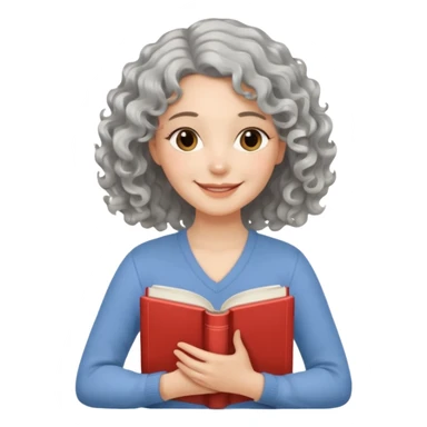 Silver hair, wavy/curly hair chin-length lady giving hug with 2 arms,  v-neck and smiling, add a favorite book sticker