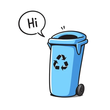 hand-drawn blue bin with a smile, speech bubble with 'hi' sticker