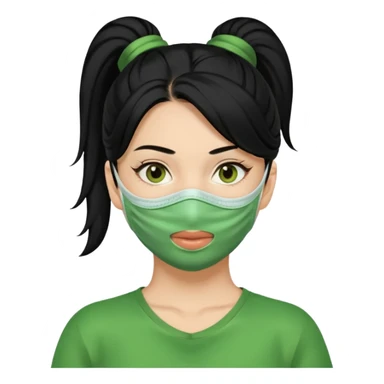Chica con cabello negro en una coleta y una mascarilla verde claramente relajada  sticker