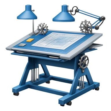 An icon featuring an engineering drafting table with a blueprint, a ready machine, and microchips, symbolizing engineering. The design includes gears, tools, and circuit boards, representing the design, creation, and innovation in technology. Transparent background highlights the science of building sticker