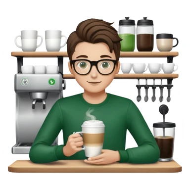 white barista boy with green spring black long sleeve, glasses and brown long ponytail   sticker