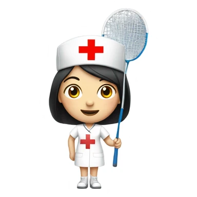 short black straight hair female nurse with red cross sign hat playing badminton sticker