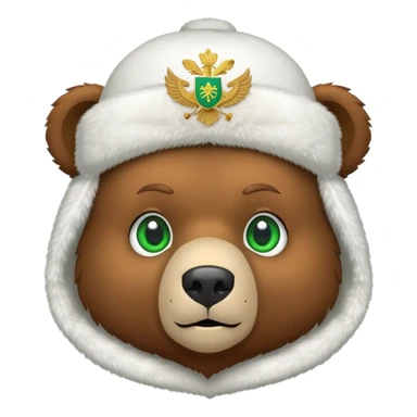 Minimalist cute brown bear head with green eyes, wearing white ushanka hat with simplified Russian double-headed eagle coat of arms, iOS emoji style sticker