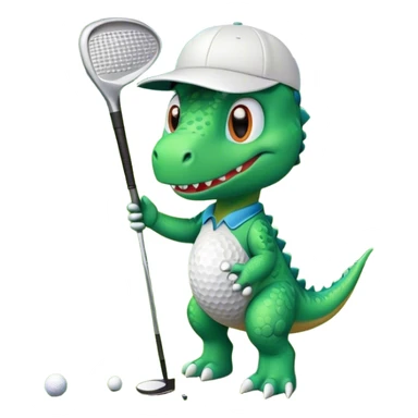 A cute cartoon dinosaur wearing a golf cap, holding a golf club, and smiling while standing on a green golf course with a small golf ball nearby. Bright, cheerful colors, simple and fun design. sticker