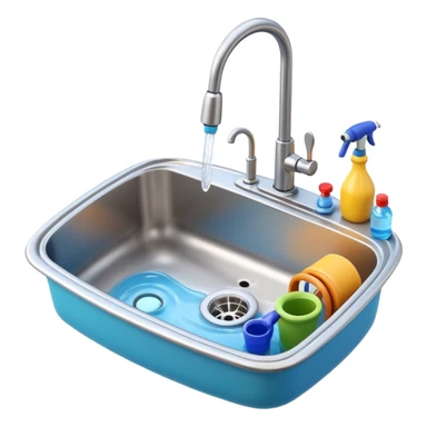 3D Pixar-style kitchen sink with a faucet and water running, some plumbing tools nearby, bright clean look, realistic but colorful, isolated on white

 sticker