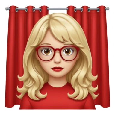 White skin Girl with blonde long wavy hair with curtain bangs and brown glasses wearing red sticker