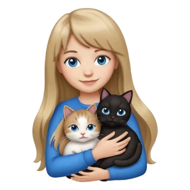 Apple-style emoji sticker of a young woman with long dark blond hair and bangs, blue eyes , holding a black-and-white cat on her chest, both smiling.  sticker