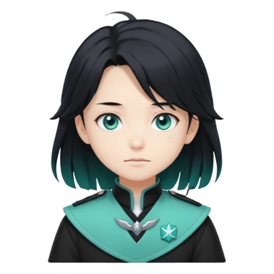 Tokito Muichiro emoji style — calm boy with long black hair fading mint green, turquoise eyes, pale skin, dreamy face, wearing dark Demon Slayer uniform, black + teal tone, anime cute clean style. sticker