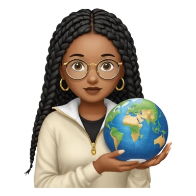 a young woman wearing fine gold round glasses and black hair in several box braids, no earrings, she has light black skin, and she's wearing a white shirt with a black quarterzip sweater. She's holding a globe in one hand sticker