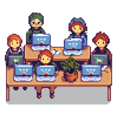 Add the text 'web community' in a pixel art font style, incorporate the provided square icon into the scene, keep the group of frontend developers with laptops and the community vibe, all in pixel art style with transparent background. sticker