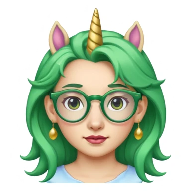 unicorn with green hair and big earrings looking into camera and spectacle sticker