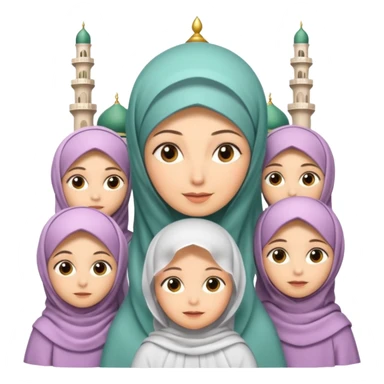 A picture of a mother with several daughters around her, the mother is wearing a veil and they are all in an Iranian Muslim mosque. Cartoon. 3D sticker