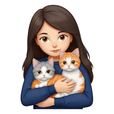 a girl with long dark brown hair, in a navy sweater, hugs a persian peaknose grey cat and persian peaknose orange and white kitten and a persion peaknose brown tabby and white cat sticker