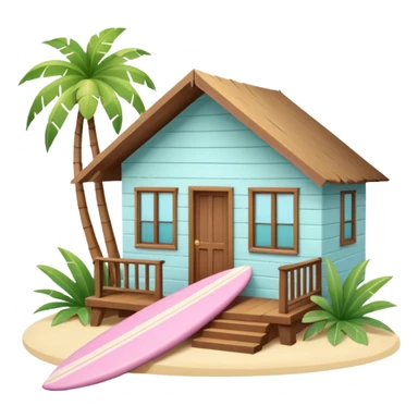 Hawaiian bungalow house, pastel colors, wooden porch, surfboard leaning on wall, palm leaves, tropical vibe, cute mobile game icon style, 3D cartoon, clean background, no text
 sticker