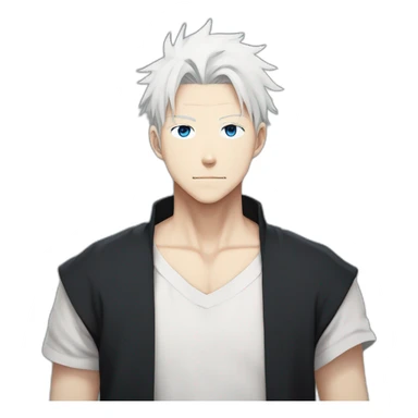 gojo satoru from jujutsu kaisen with white hair, blue eyes, who wear a black tshirt and a white baggy pant sticker