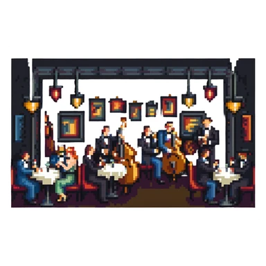 1940s jazz nightclub scene, pixel art style, no text sticker