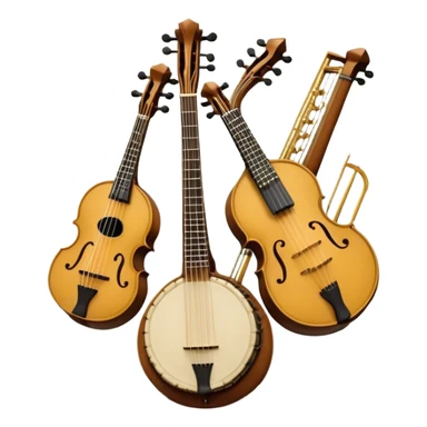 Design a complex, festive, and professional emblem-like emoji representing plucked string instruments. The composition should resemble a heraldic crest, featuring iconic instruments like a banjo, mandolin, domra, and sitar, artistically arranged in a balanced and symmetrical layout. The necks of the instruments should extend upward, intertwining with a flowing ribbon of musical notes, which weaves elegantly around the strings and headstocks. The design should incorporate intricate details, such as carved patterns on the instruments and decorative fretboards, while maintaining clarity and recognizability. Use a rich and celebratory color palette with gold, deep brown, and vibrant accents, adding subtle highlights and shadows for a polished, three-dimensional look. Include ornate elements like laurels, swirls, or subtle engraving to enhance the emblematic feel. The background should be transparent to highlight the composition as a standalone emblem. sticker