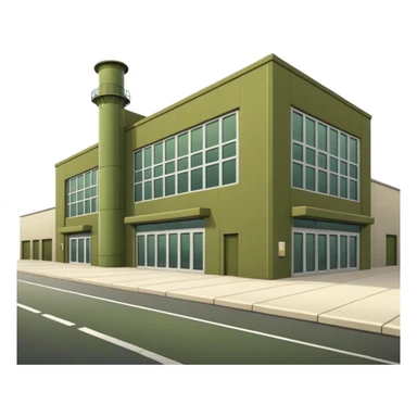 modern industrial factory building, military olive green color, large windows, industrial doors, no smoke, visually appealing, no weapons, no vehicles, not a house sticker