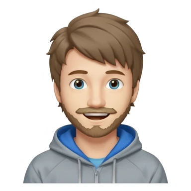 20 year old man, short scruffy beard and thin moustache, brown puffy mullet, blue eyes, big smile, white teeth, big lips, pronounced jaw, hair longer in back, sticking up on top, thin face, grey hooded sweatshirt, pale skin, big smile, blue eyes, puffy hair that is long in back sticker