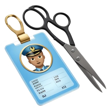 Floating black Scissors cutting in half a light blue idf soldier ID card with golden chip in 2 parts .hyper realistic sticker