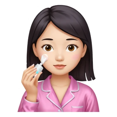 angelic asian girl doing skin care in pink pajamas, applying cream to her face sticker