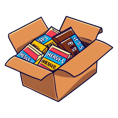 cardboard box full of wrapped Hershey's chocolate bars sticker