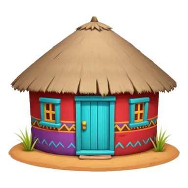 African mud hut tribal house, round adobe clay hut, thatched roof, bright colorful paint, walls in turquoise, red, yellow, purple, tribal patterns, cute mobile game icon, 3D cartoon, soft shadows, clean background, no text, no watermark sticker