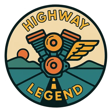 circular motorcycle cap design with the English phrase 'Highway Legend', featuring motorcycle motifs like motor, road, wing, legendary style sticker