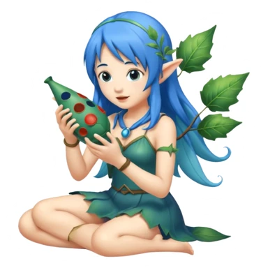 forest fairy woman with blue hair playing leaf-shaped ocarina sticker