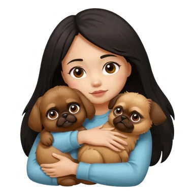 black hair girl hugging brown pekingese dog that looks a little bit like brown gremlin sticker
