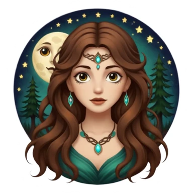 forest mystic woman long wavy brown hair tattoos half-lidded eyes moon glow sticker
