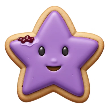 Ultra-realistic pastel purple cookie with a soft, crumbly texture, fine surface cracks, matte baked finish, star-shaped jam cutout revealing glossy dark berry filling sticker
