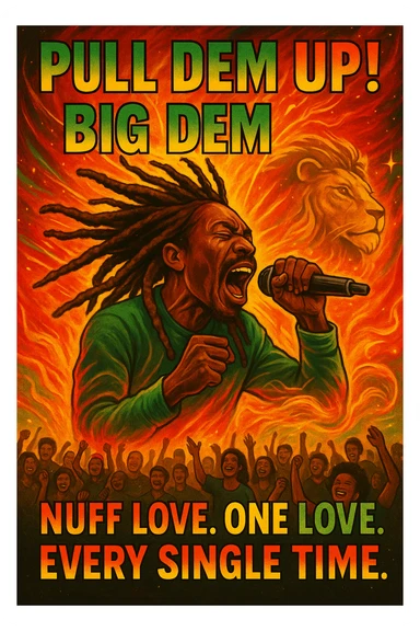 A vibrant reggae-inspired poster scene featuring Anthony B in full performance energy — dreadlocks flying, mic in hand, mid shout, pulling up the riddim. The background is a glowing fusion of red, gold, and green flames with lion imagery and subtle cosmic light trails. Around him, the words “Pull Dem Up! Big Dem Up!” explode like soundwaves. Below, a crowd of diverse viewers is shown. In bold text across the bottom: “Nuff Love. One Love. Every Single Time.” sticker